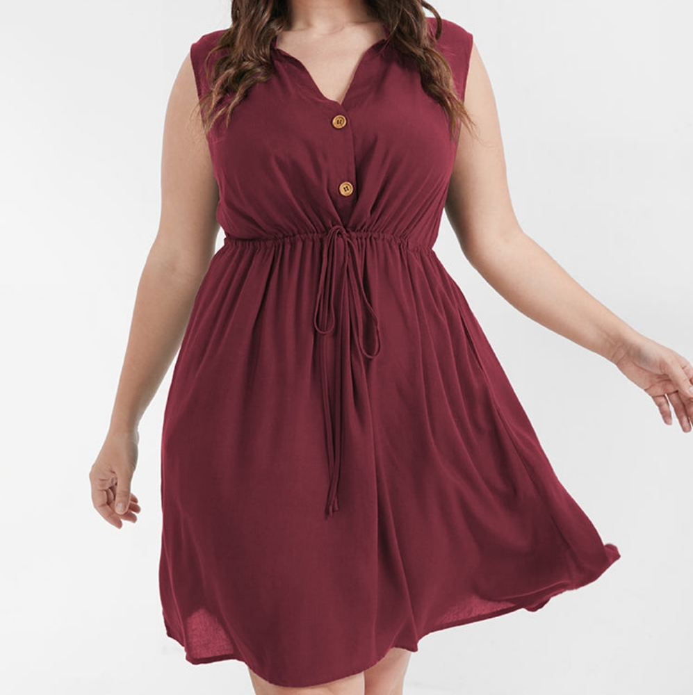BLOOMCHIC Plain Ties Front Button Pocket V Neck Dress Burgundy Size 12